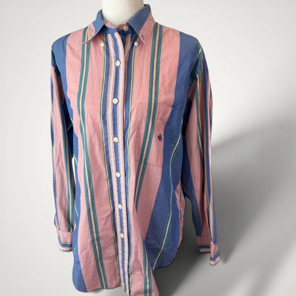 VTG 90s Ralph Lauren Striped  Multicolor Awning Stripe Button Down cotton shirt